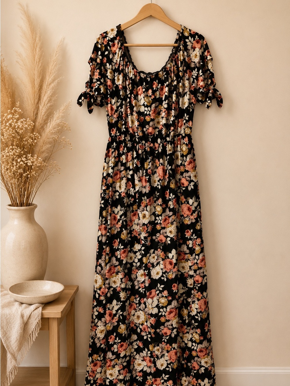 Vibe Black Floral Maxi Dress with Peach & Cream Blooms